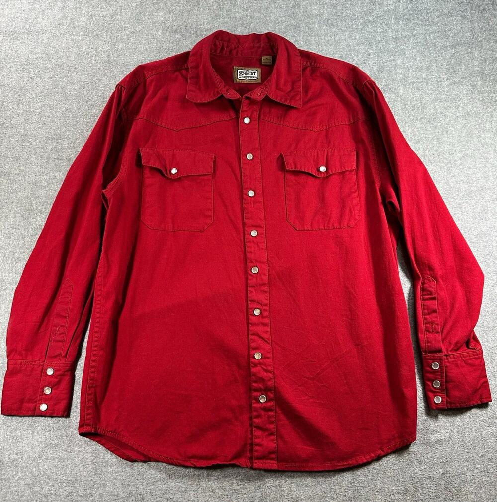 Schmidt Workwear Men's M Red Solid Cotton Woven Long Sleeve Pearl Snap Pockets